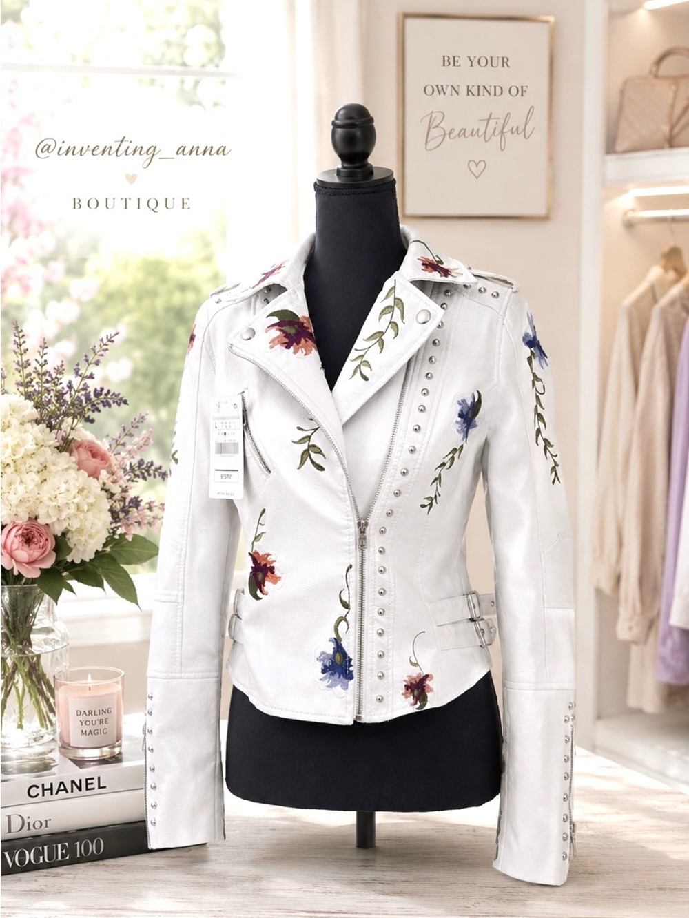 AFTF BASIC Floral Embroidered Studded Off White PU Leather Jacket